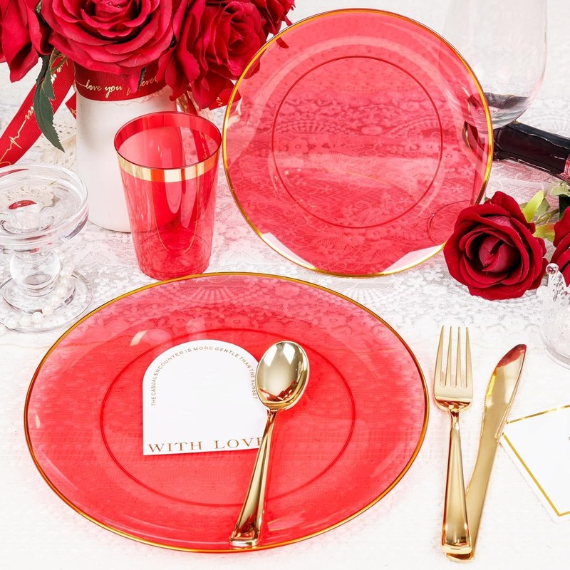 180-Pcs Red Plastic Dinnerware Set with Gold Accents - Hand Wash Only gallery