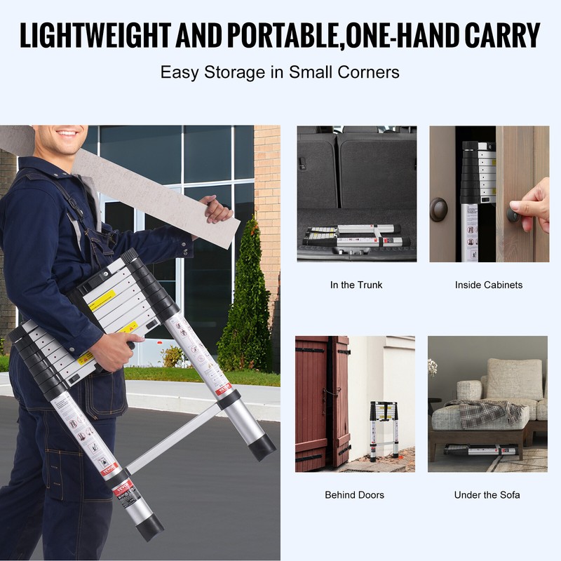Telescoping Extension Ladder 8.5FT One-button Retraction 375 LBS Capacity gallery