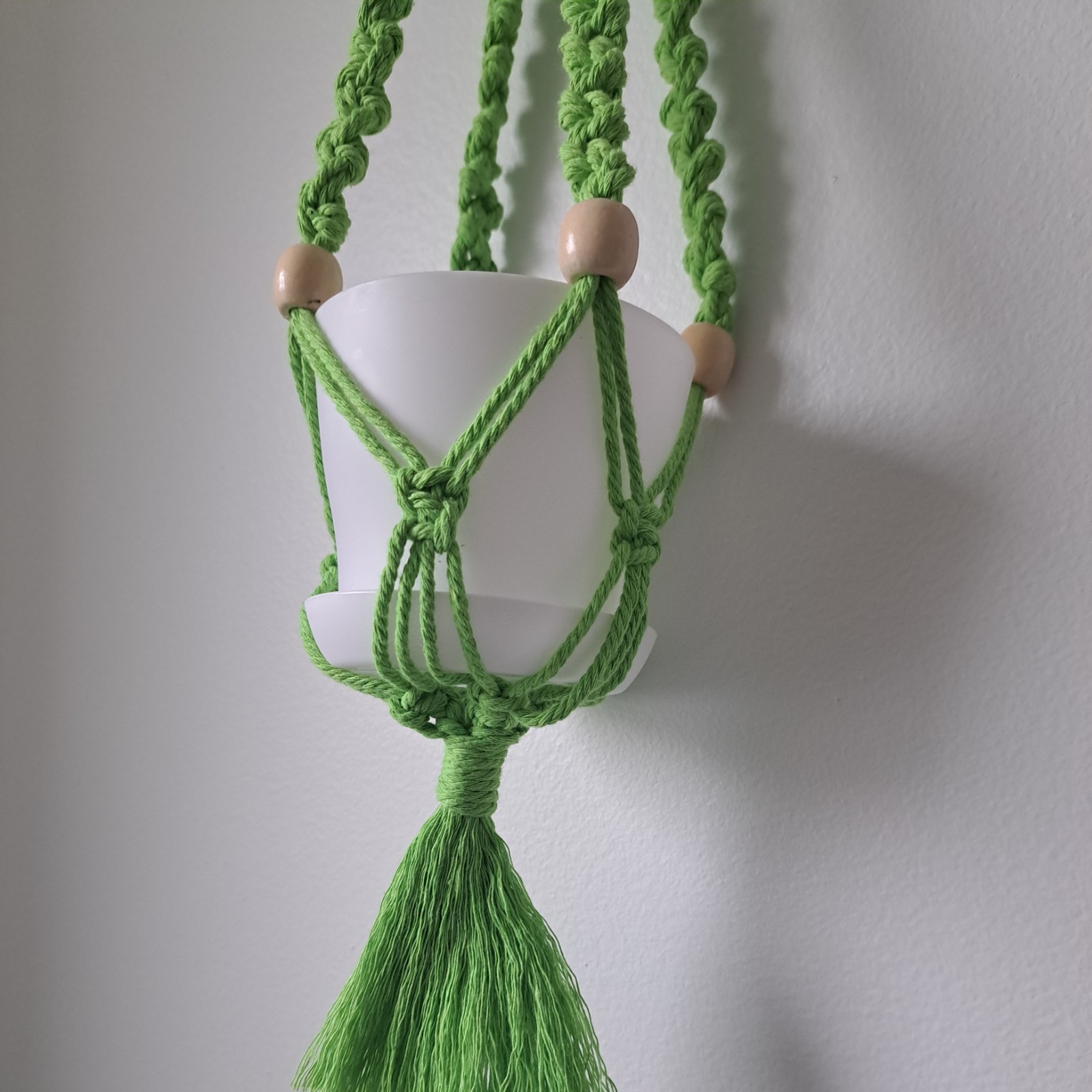 Macrame Plant Hanger, Lime Green, 23", Metal, Cotton, Wood Beads, Handmade gallery