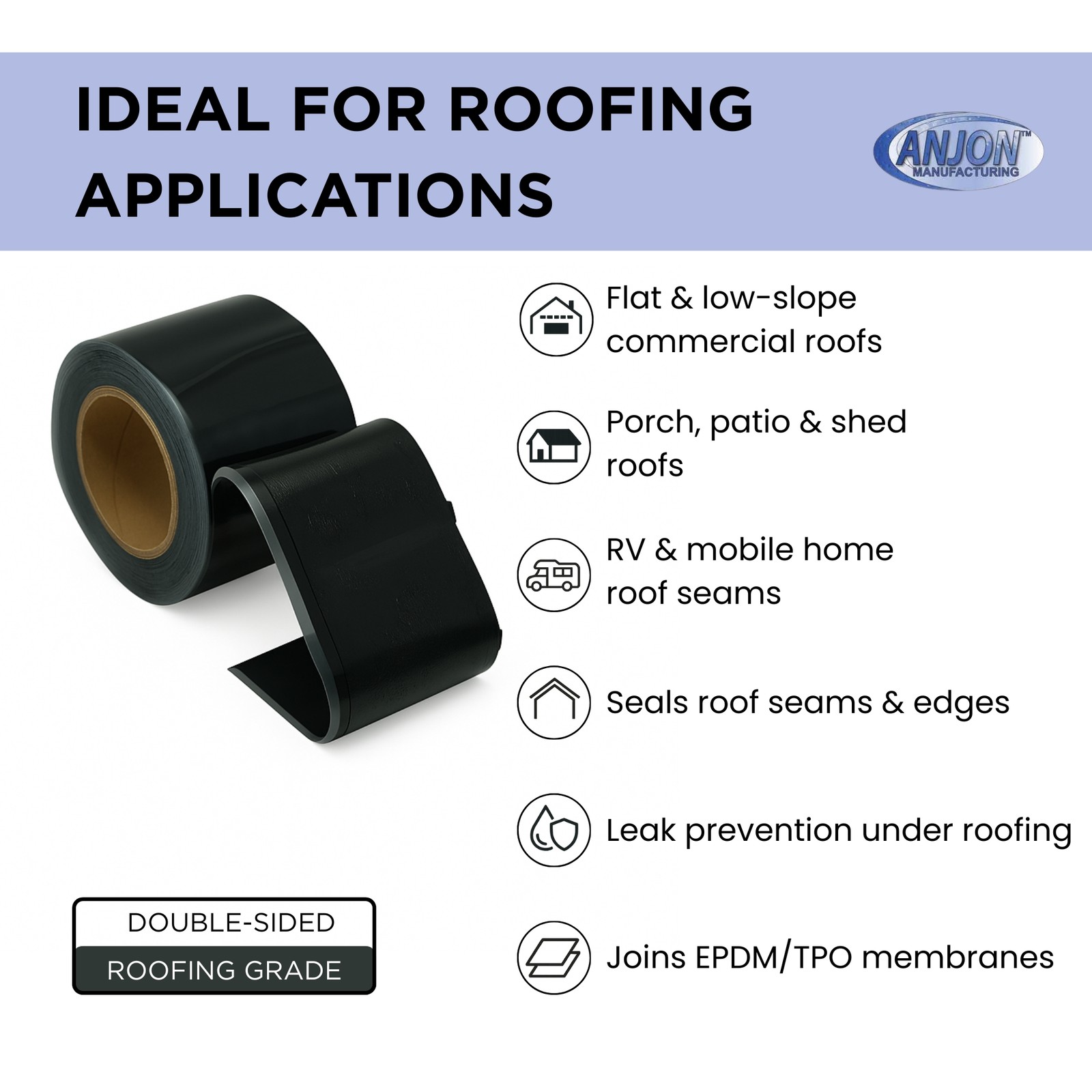 Anjon Black Butyl Double-Sided EPDM Seam Tape - 3" x 25' - Waterproof RV Roof gallery