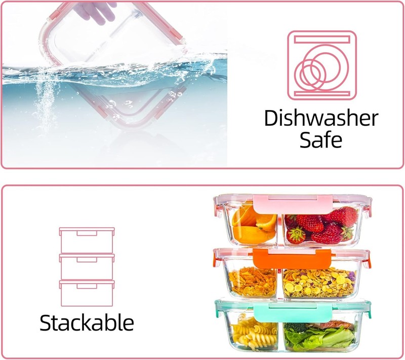 Glass Meal Prep Containers 2 Compartment with Lids (5 Pack, 34oz), Divided Glass gallery