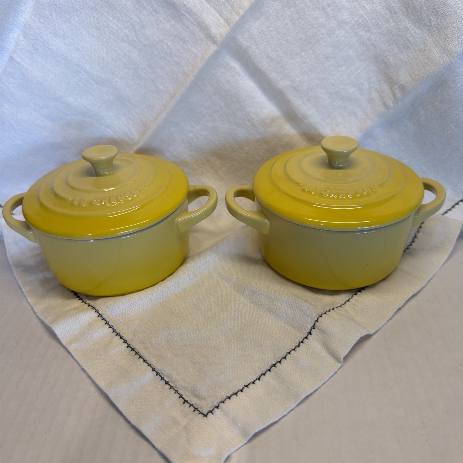 Le Creuset Mini Cocotte Soleil Yellow Stoneware Lot of 2 Casserole 8oz NewNo Box gallery