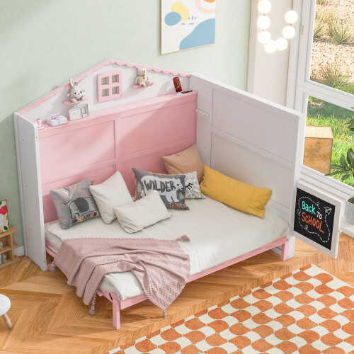 Twin Full Size House Murphy Wall Bed with Storage Shelves Blackboard Cabinet Bed gallery