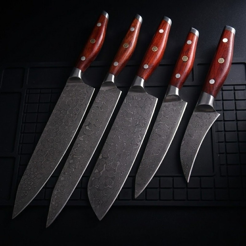 Artisan Damascus Kitchen Set 5pc Full Tang Rosewood Tactical Field Knives Sheath gallery