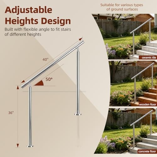 Hand Rails for Outdoor Steps 2-3 Step Silver - Stainless Steel(Straight) gallery