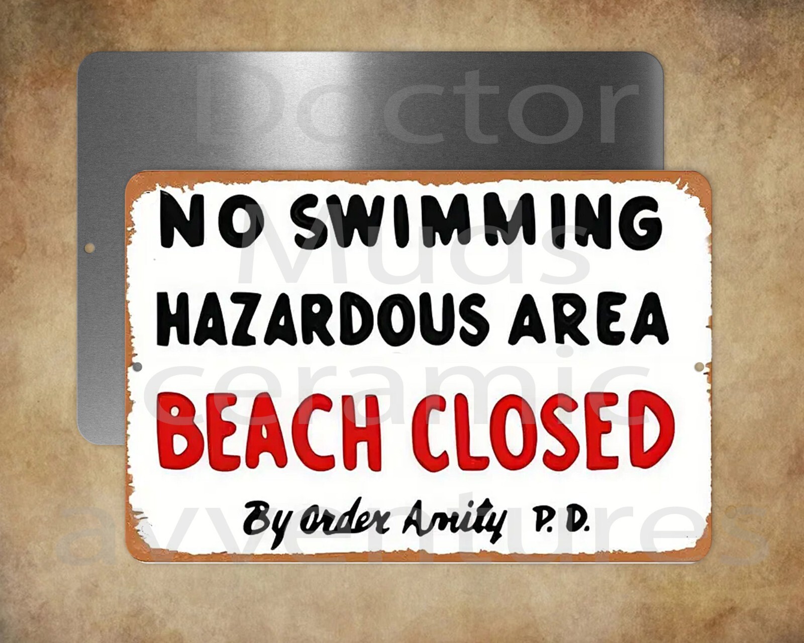 NO SWIMMING HAZARDOUS AREA BEACH CLOSED JAWS Amity PD metal sign 8 x12" gallery