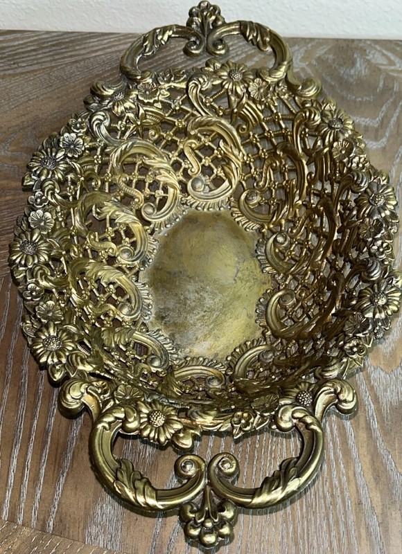 Vintage Italian Solid Brass Filigree Basket Bowl Ornate Art Nouveau 13.25” gallery