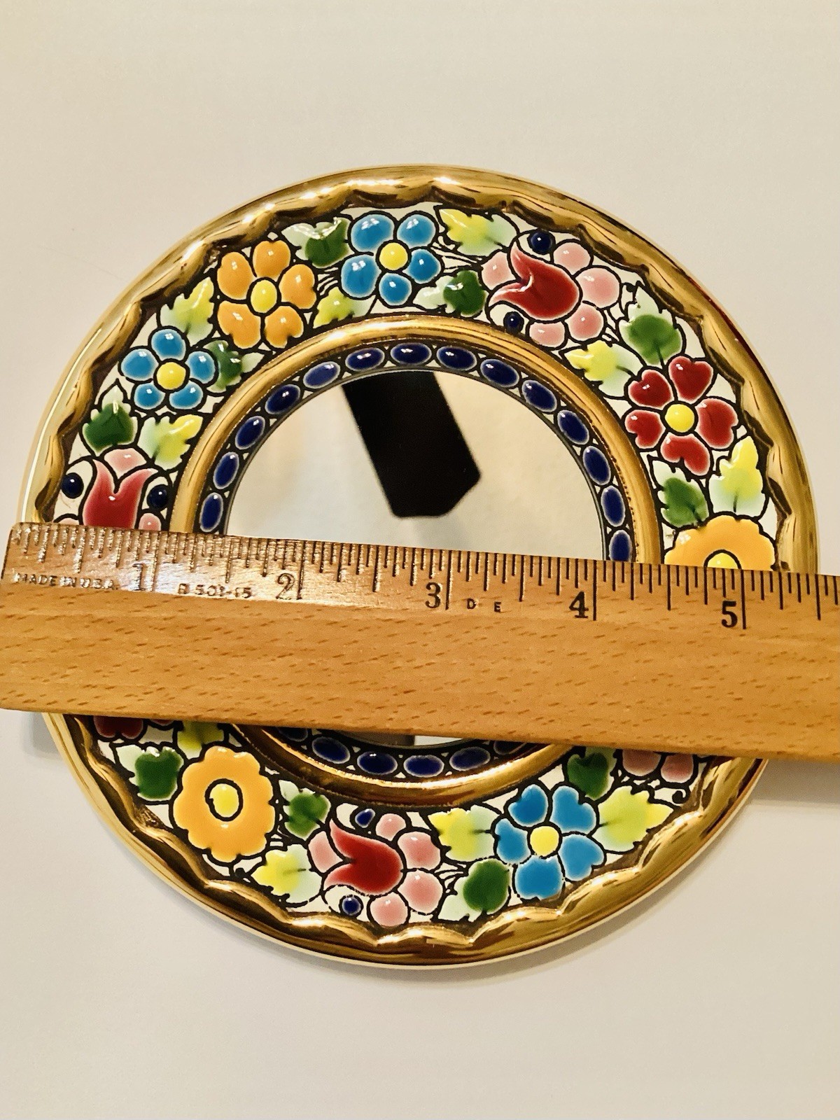 Cercolon Spain Floral Ceramic w/ 24k Gold Vintage Round Enamel 5 1/2” Mirror gallery