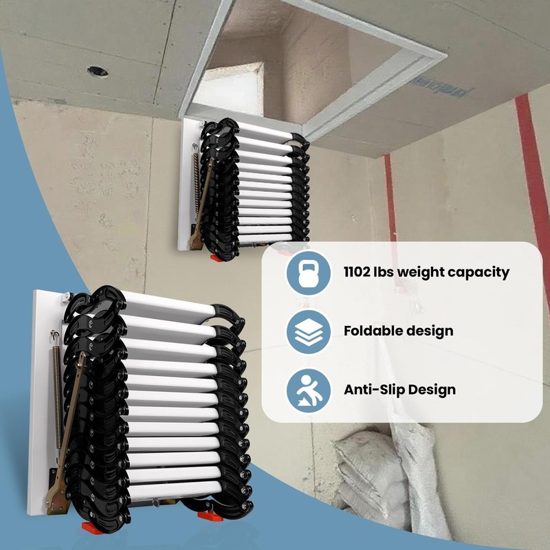 10FT 1102LBS Wall Mounted Attic Attic Ladder 12 Alloy Steel Pull Down Stairs gallery