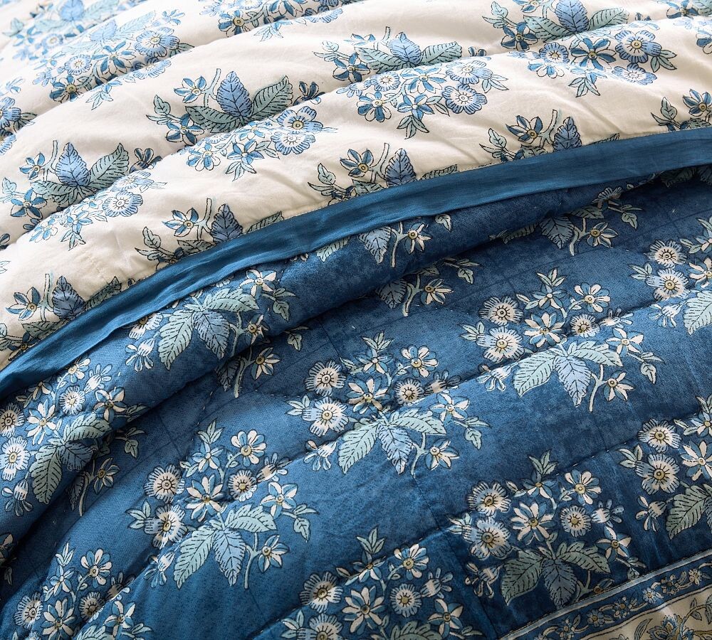 Pottery Barn - Regan Handcrafted Reversible W/ STD Sham Blue Quilt F/Q New! gallery