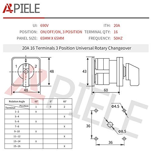 Changeover Selector Switch 3 Position 440V Universal Rotary 20A 16 Terminal gallery