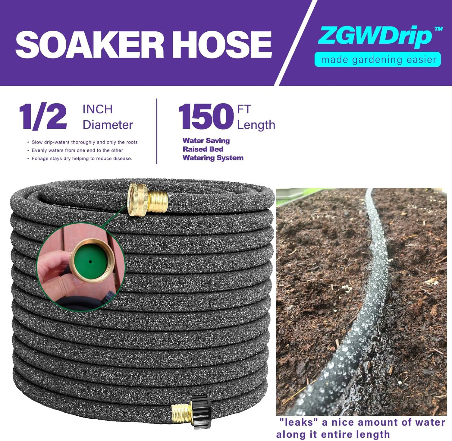 Soaker Hose 150 FT,1/2 Inch Soaker Garden Hose with 3/4" Solid Brass Connectors gallery