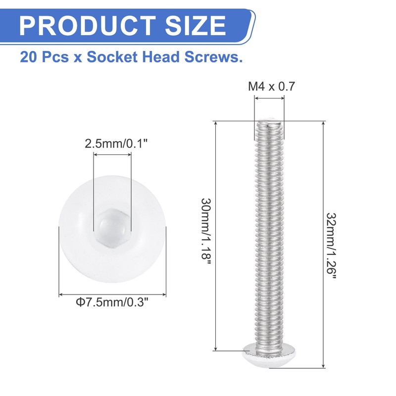 20 Pcs M4-0.7 x 30mm Button Head Socket Cap Screw Machine Screw, White gallery