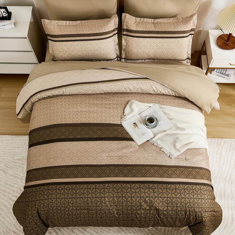 Queen Comforter Set 7 Piece Brown Striped Bed in Bag Geometric Bedding Set Soft gallery