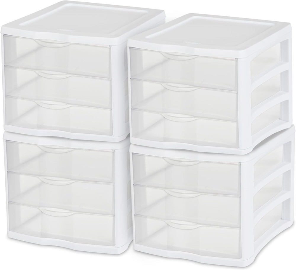 4-Pack 3 Drawer Unit, Stackable Plastic Organizer with Drawers,White Frame-Multi