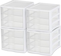 4-Pack 3 Drawer Unit, Stackable Plastic Organizer with Drawers,White Frame-Multi