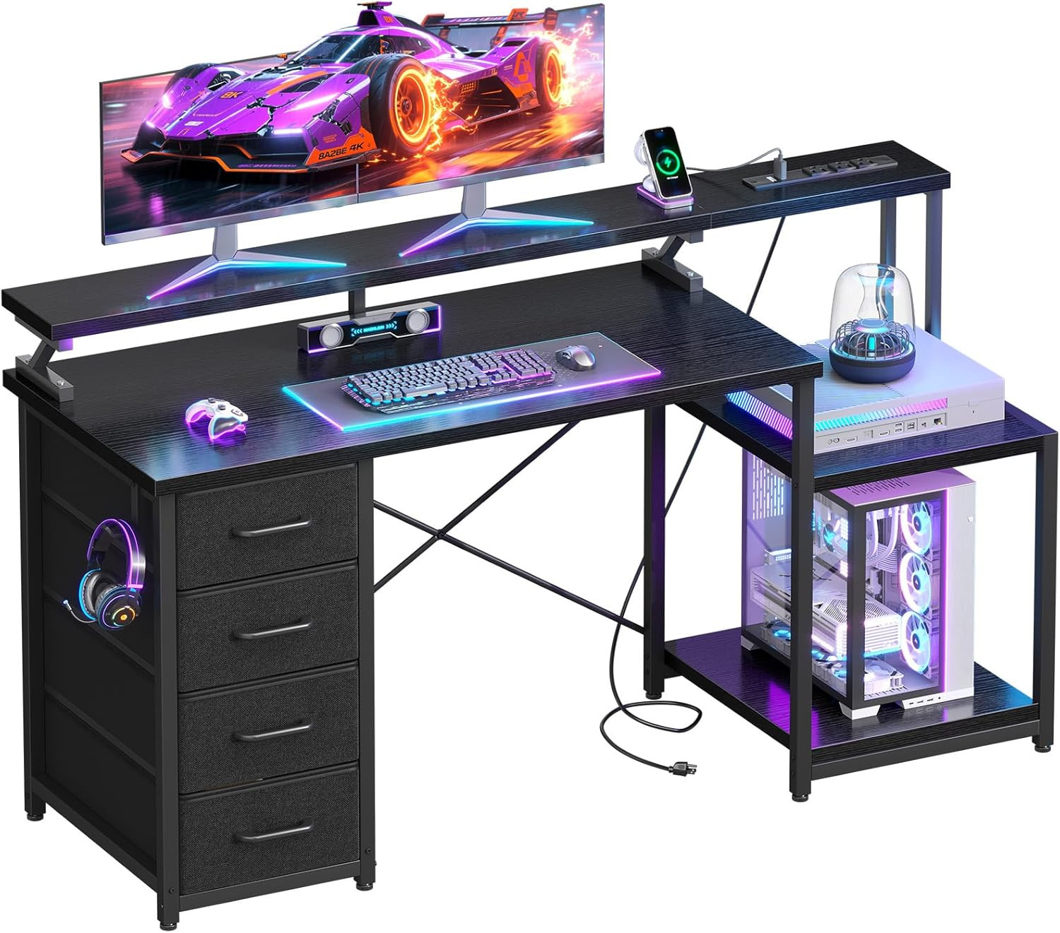 ODK 55 Inch Computer Gaming Desk with Power Outlets & 4 Drawers, Home Office Des gallery
