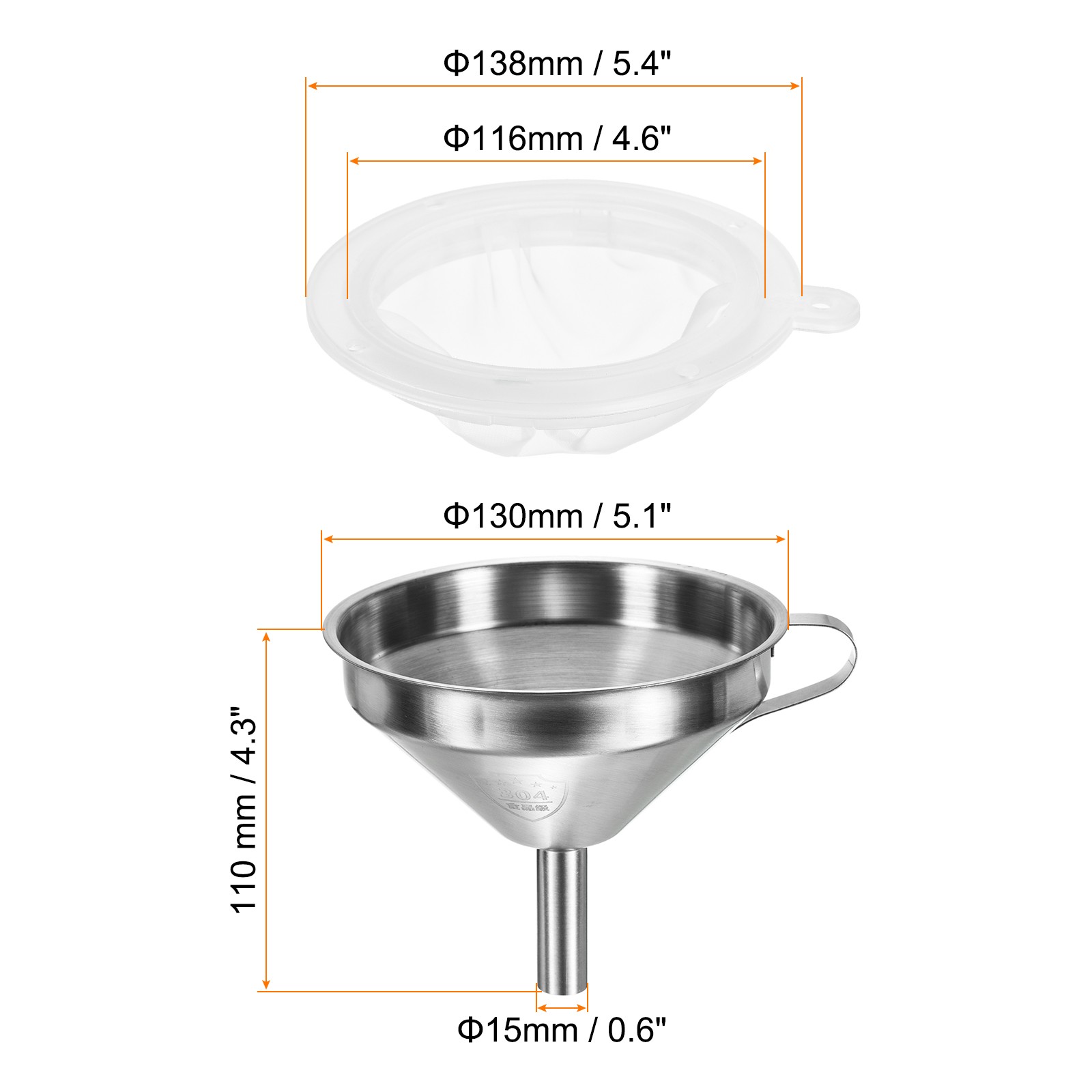 5.1" Dia Stainless Steel Kitchen Funnel with 400 Mesh Strainer White Silver Tone gallery