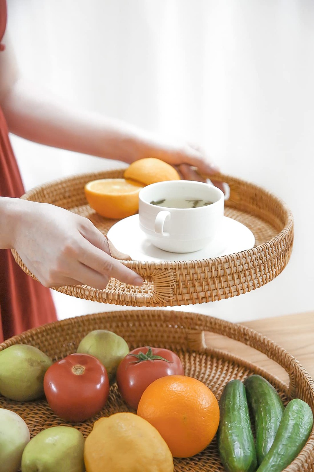 11.8" Hand-Woven Round Rattan Serving Tray Decorative Wicker Trays with Handl... gallery