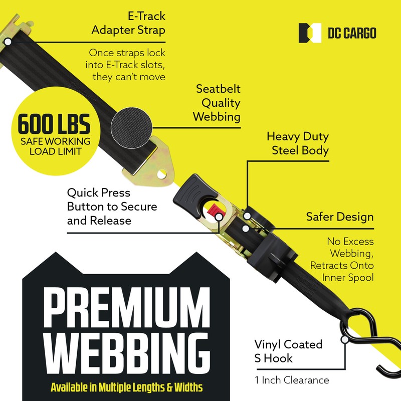 DC Cargo Retractable Ratchet Strap w/ E-Track Adapter & S-Hook 1" x 6' 2-pack gallery