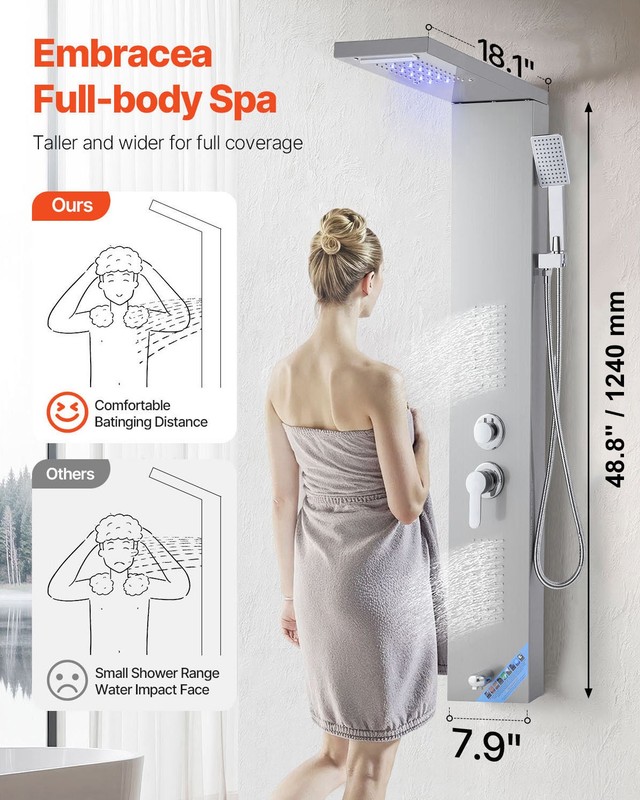 VEVOR Shower Panel Tower System Stainless Steel Column Rainfall Waterfall Head gallery