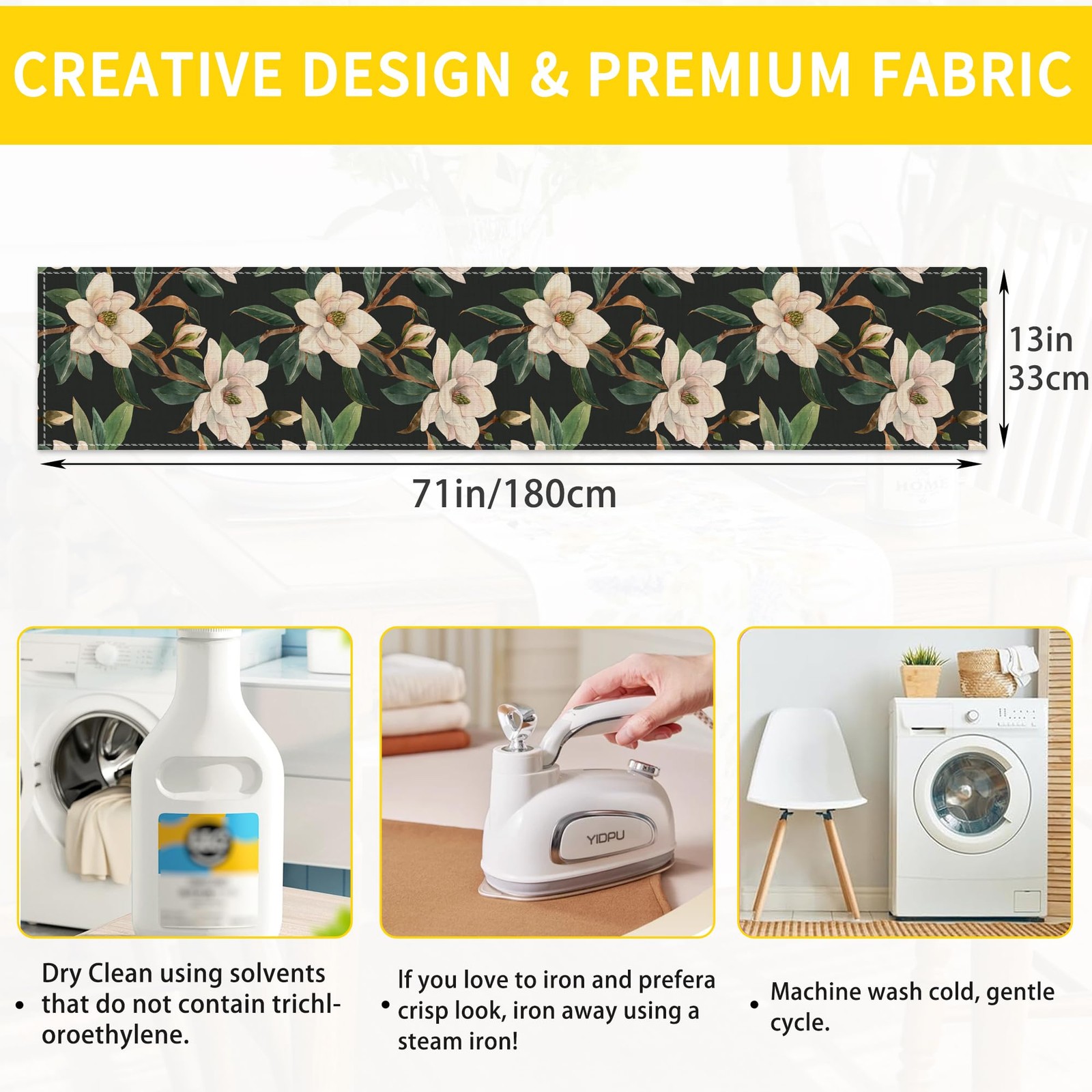 Table Runner White Magnolia 13 inches by 70 inches, Flowers gallery