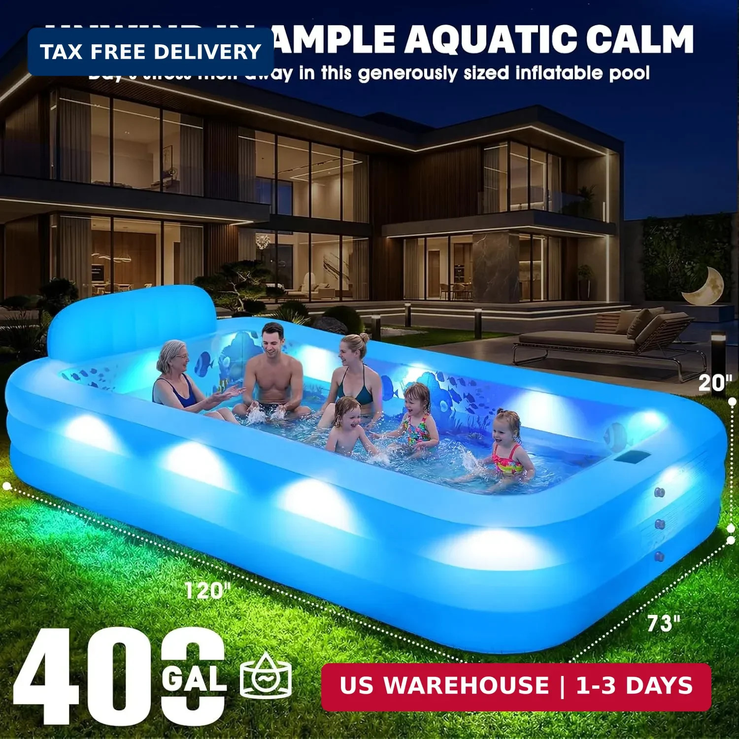 Extra Large Inflatable Pool with Lights,Upgraded Solar Powered Blow Up Pool for gallery