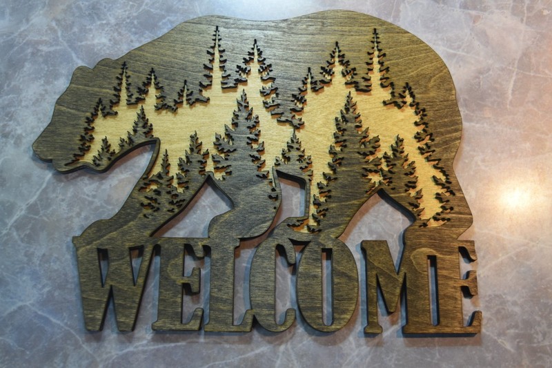 ​Rustic Bear with Wilderness Welcome Sign Laser Cut Dark Walnut and Golden Oak gallery