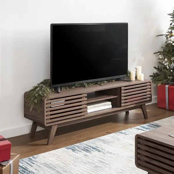 59in Walnut Finished TV Stand with Slatted Doors Mid Century Modern gallery