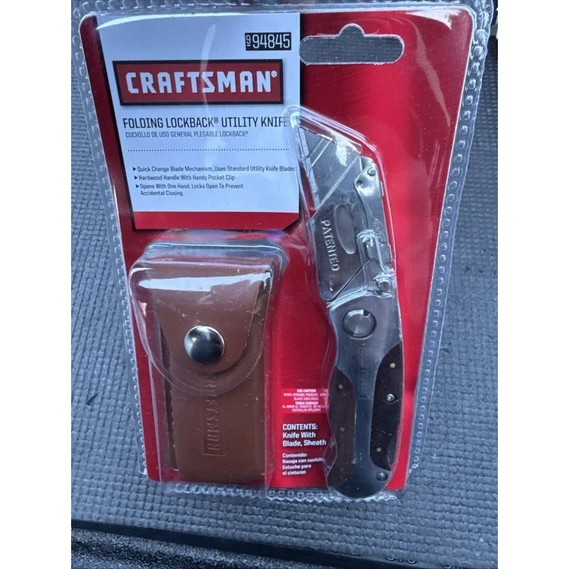 Craftsman 94845 Folding Lockback Utility Knife Wooden Handle Leather Sheath gallery