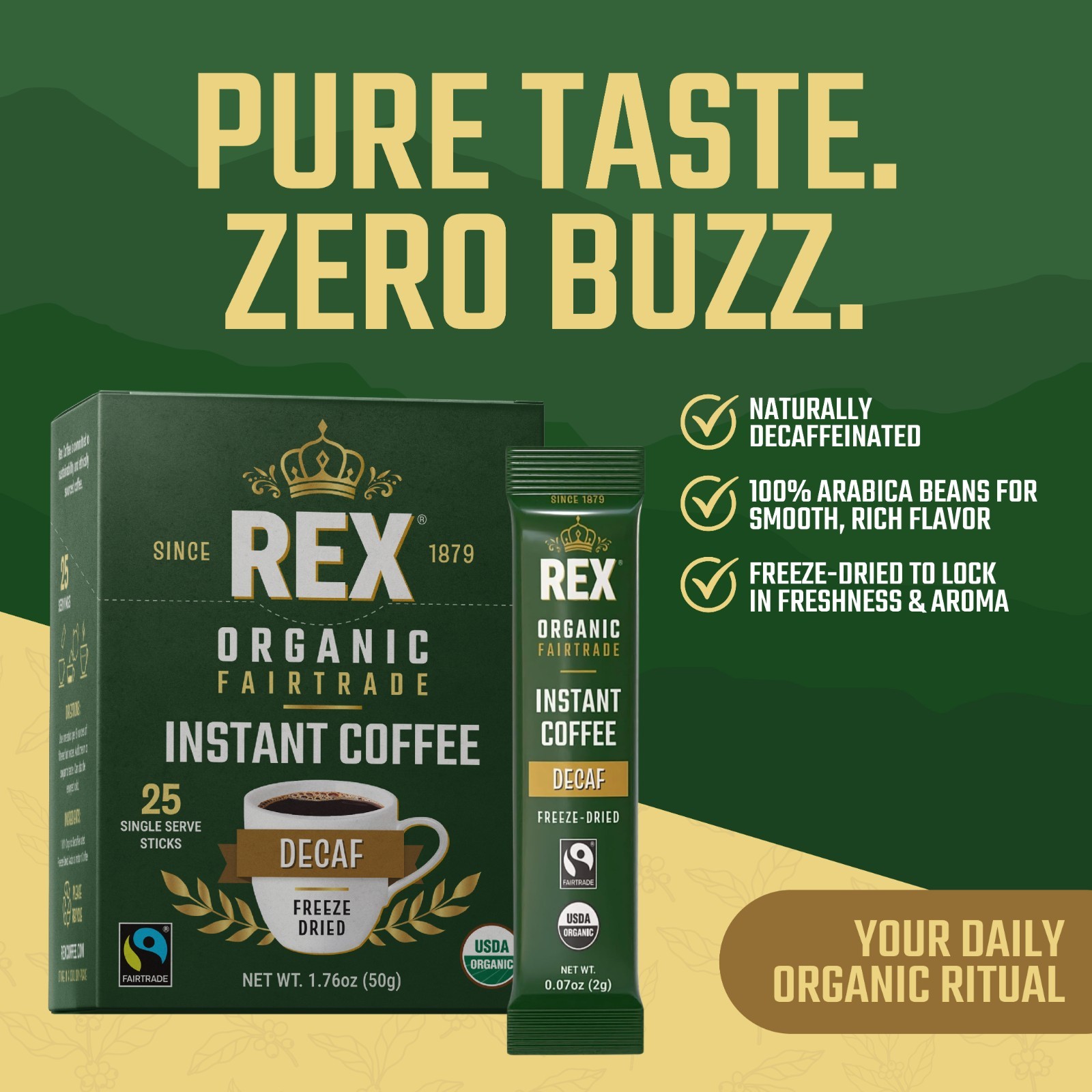 Rex Coffee Organic Fairtrade Natural Decaf Freeze-Dried Instant Sticks 25 Count gallery