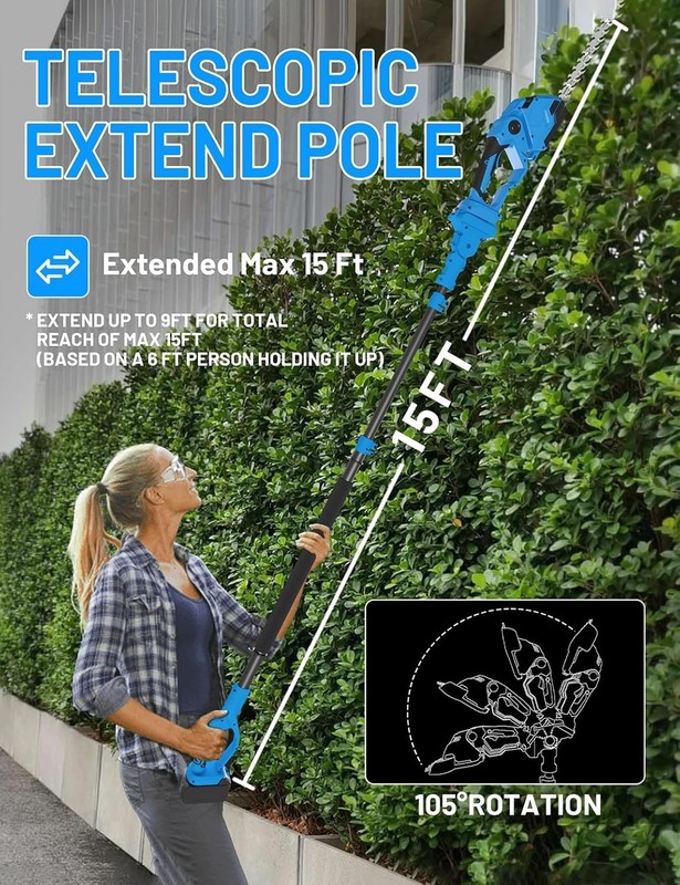 Extension Pole Hedge Trimmer & Grass Shear 15Ft Reach w/2 * 4Ah Battery for Yard gallery