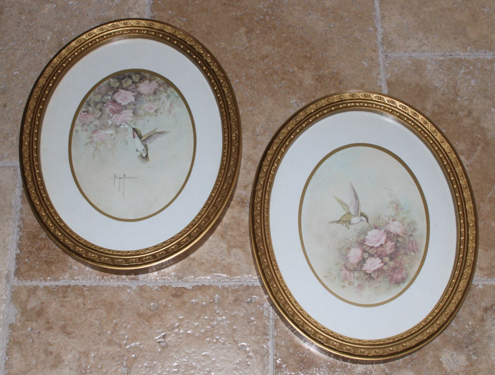 Pair Vtg CottageCore Gold Framed Hummingbird Prints Margie Morrow Home Interior gallery