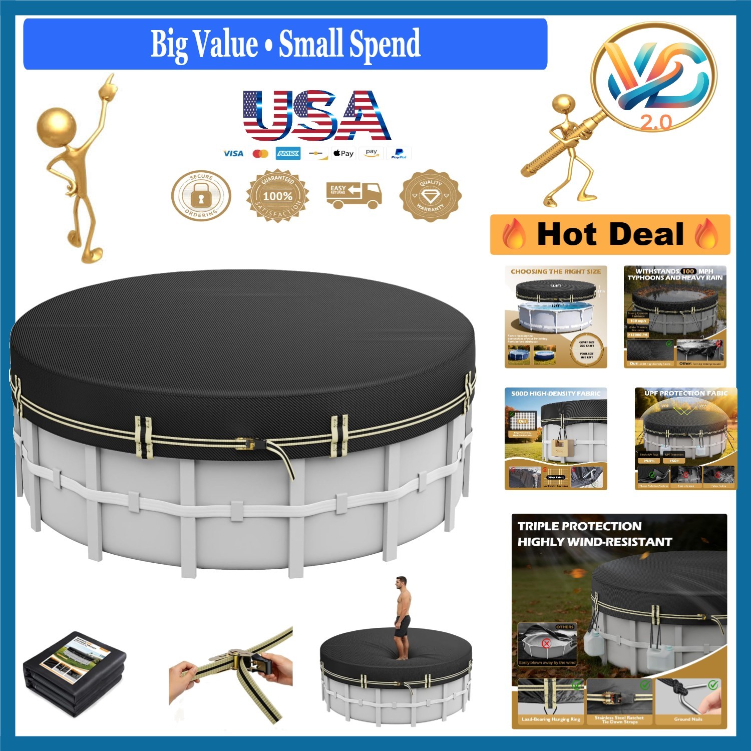 12 FT Round Pool Cover Solar Waterproof Windproof with Ratchets & Hooks gallery