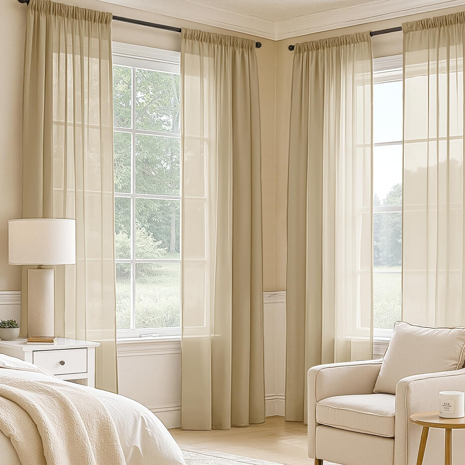 MIULEE Beige Sheer Curtains 63 Inches Long, 4 Panels Set, Rod Pocket Voile Drape gallery