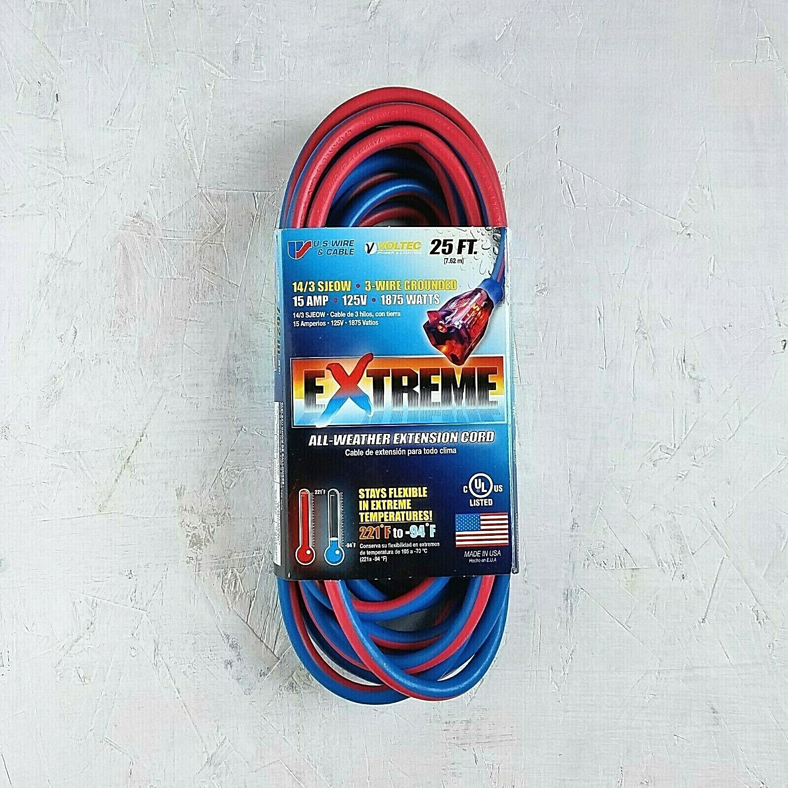 25' 14 Gauge cold Weather Extension Cord w Lighted Outlet - Made in USA gallery