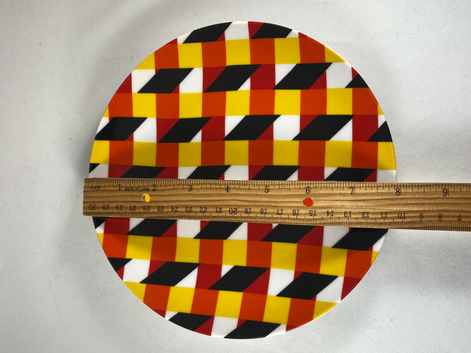 CB2 Modern Geometric Print Multicolor Red Black Yellow Plate 8" Diameter gallery