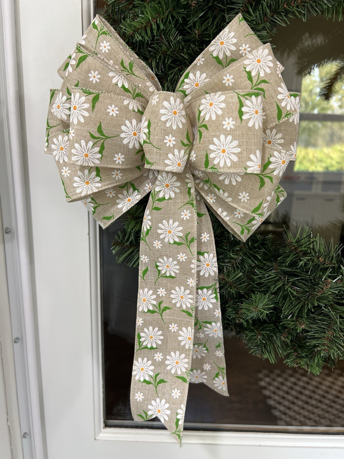 Handmade Summer Spring Tan Daisy Flower Bow 10 x 16 in. Bow for Wreath or Swag gallery