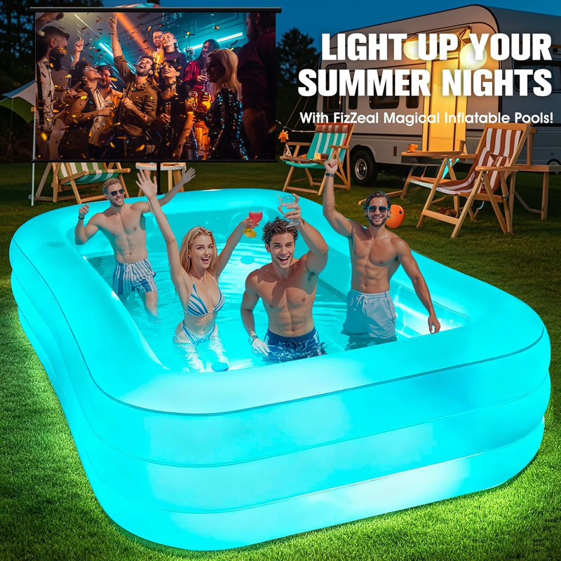 Inflatable Pool with Seat and Pool Lights, Durable Thickened Large Size Family I gallery
