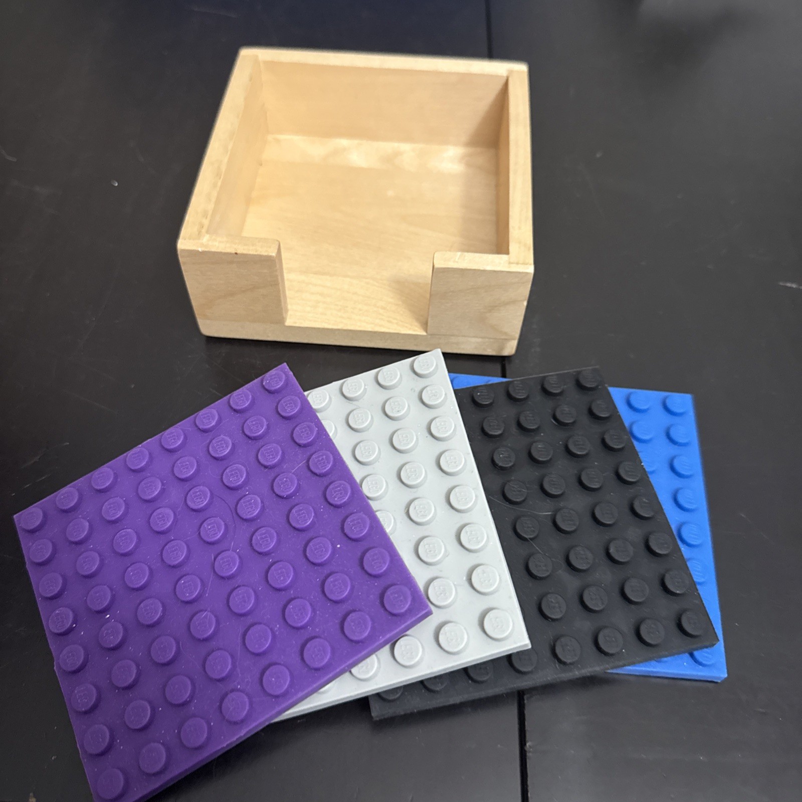 Target x Lego Rubber Table Coasters Wooden Holder Purple Blue Black Gray 4 Set gallery