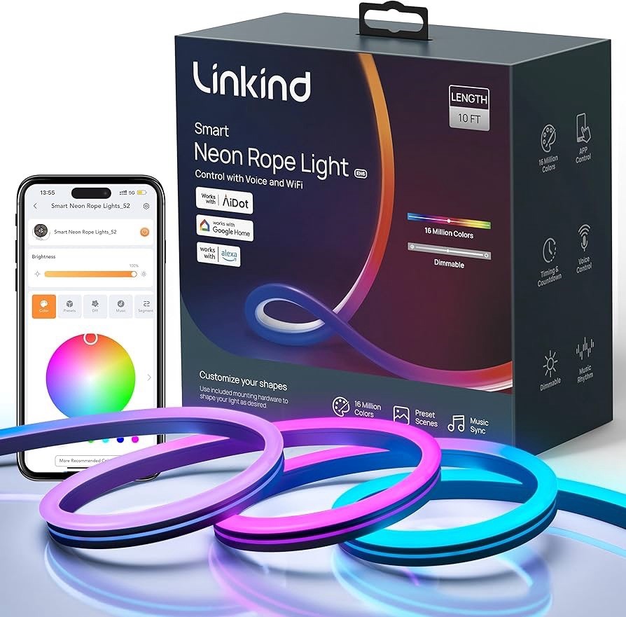 Linkind Smart Neon Rope Light Multicolor 10ft, App, Voice & Remote Control LED gallery