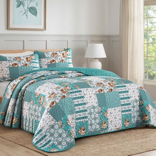 Quilt Set Size Patchwork Floral Bedspread Coverlet, Soft Microfiber Queen Teal gallery
