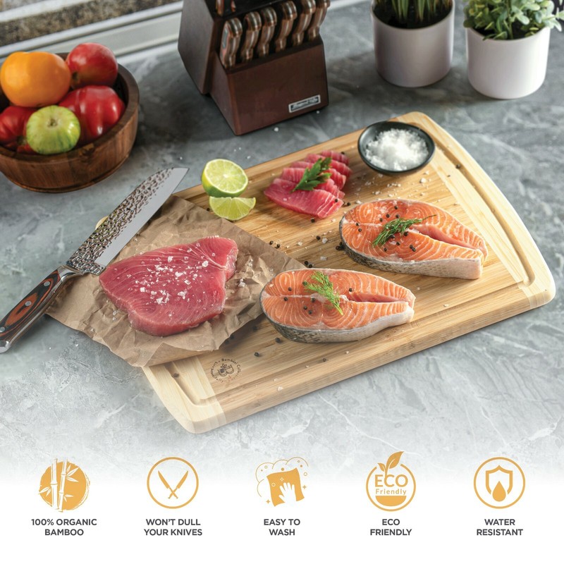 Premium Thick Bamboo Cutting Board Set of 2-Juice Grooves. By Bambusi gallery