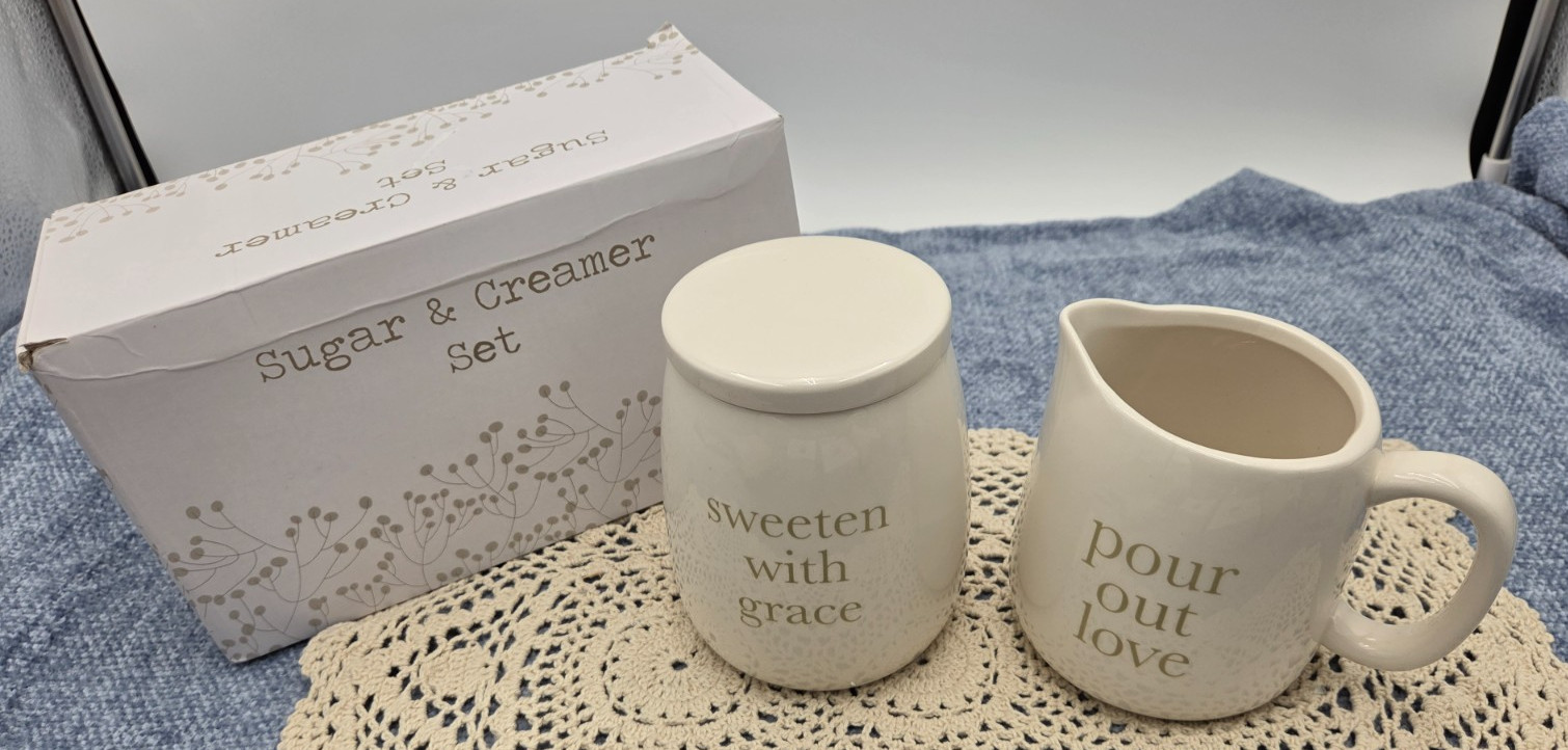 Mary Square Ceramic Sugar and Creamer Set New in Box White Coffee Bar Decor gallery