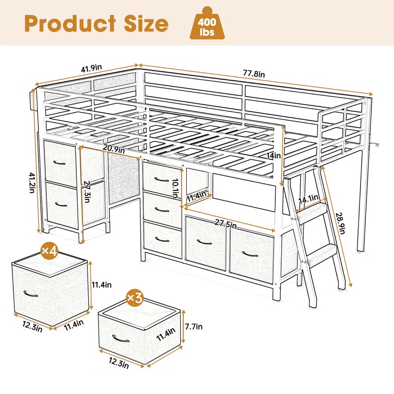 Twin Size Loft Bed Frame with 7 Storage Drawers, Bookcase Desk and LED Lights gallery