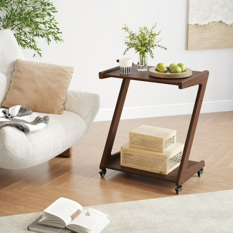 Bamboo Z-Shape End Table with Casters, 2-Tier Side Table Walnut gallery
