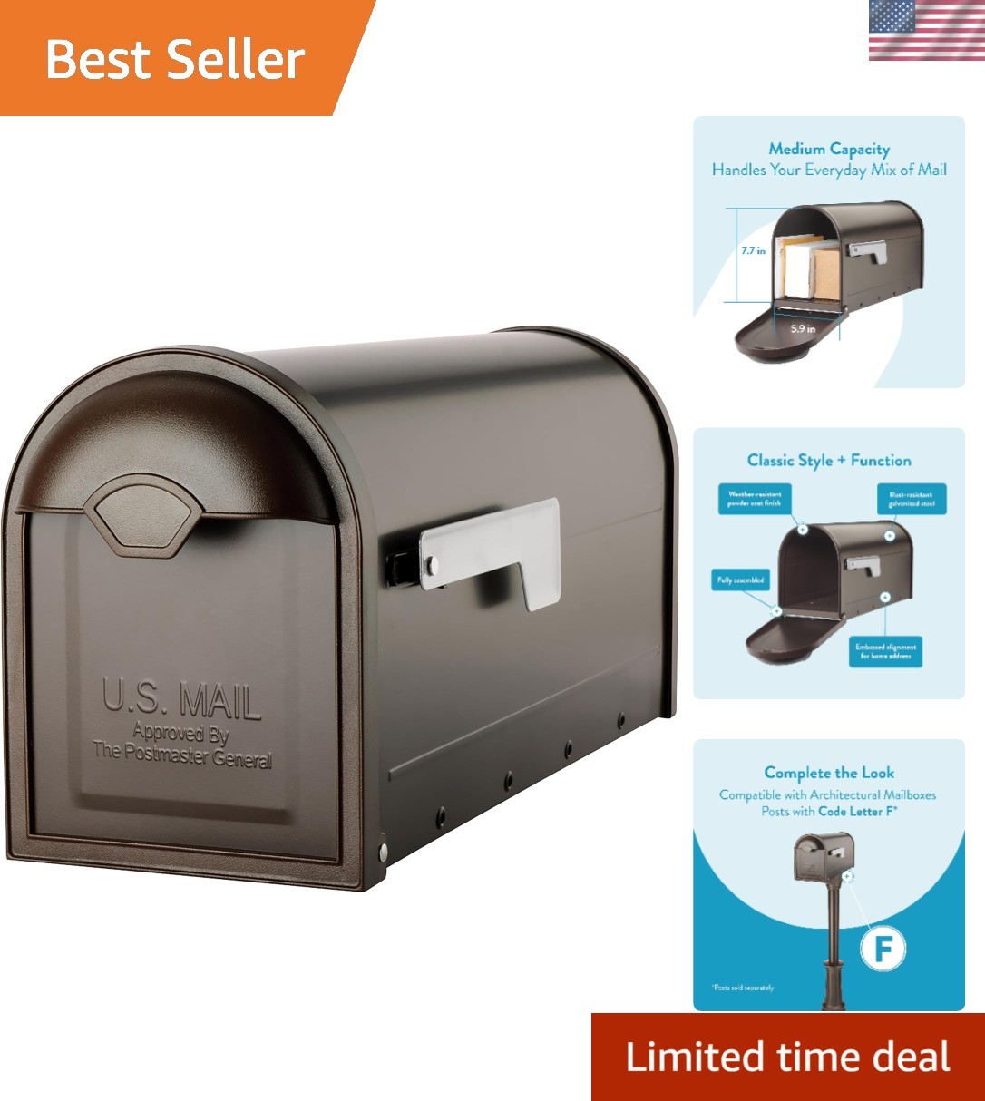 Elegant Rubbed Bronze Post Mount Mailbox - Weather-Resistant with Secure Latch gallery