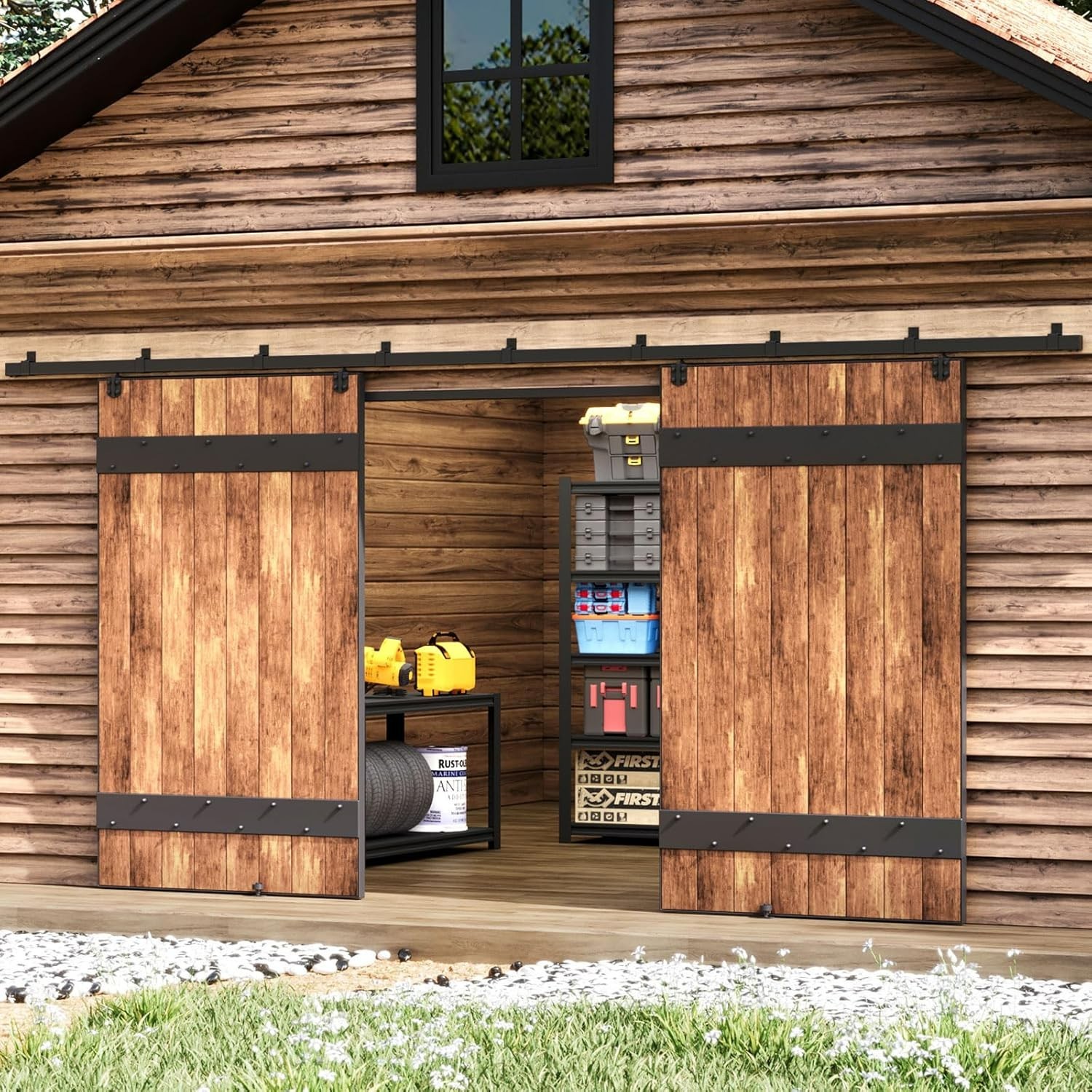 16FT Black Steel Outdoor Sliding Barn Door Hardware Kit, 450Lb Capacity gallery