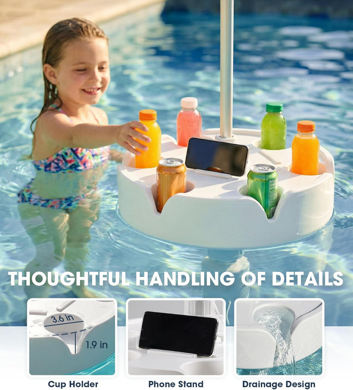 7FT Floating Table Umbrella with Base & Cup Holder, Portable Pool Umbrella for i gallery