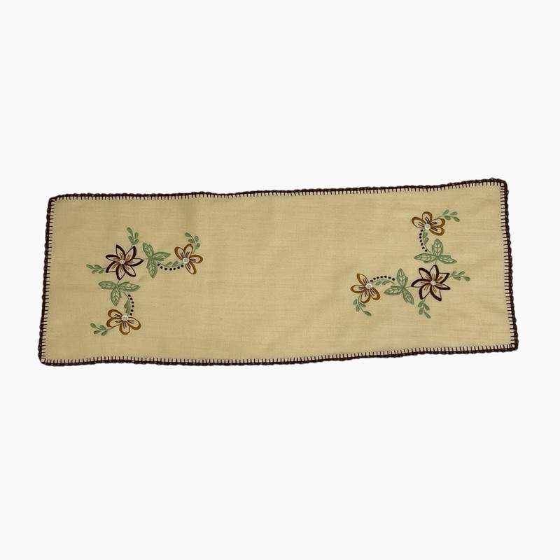 Table Runner Beige Brown Crocheted Edge Green Floral Embroidery Farmhouse 34x13 gallery